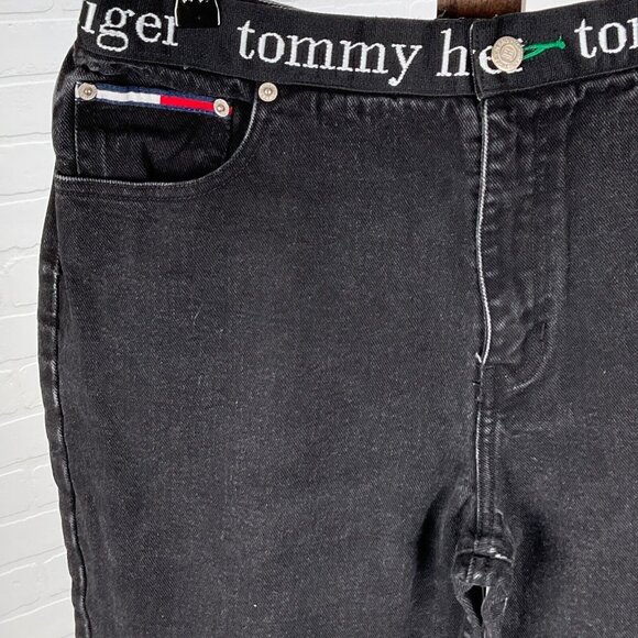 Tommy Jeans Juniors 13 31Wx29.5L Black Logo Tape Waist Cotton Taper 80s VTG - Picture 2 of 12